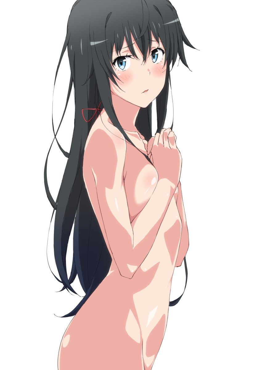 1girl absurdres bangs black_hair blue_eyes blush breasts collarbone commentary_request completely_nude cowboy_shot from_side hair_ribbon highres long_hair looking_at_viewer looking_to_the_side nude red_ribbon ribbon shou937 sidelocks simple_background small_breasts solo standing white_background yahari_ore_no_seishun_lovecome_wa_machigatteiru. yukinoshita_yukino