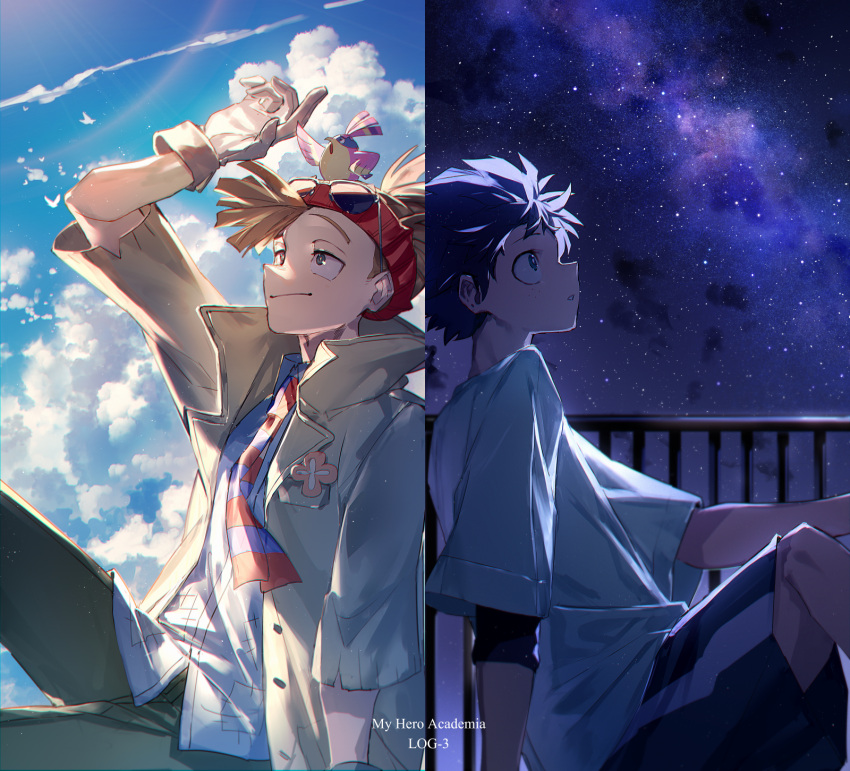 2boys animal_on_head arm_up back-to-back balcony bandana bird bird_on_head blue_shirt blurry boku_no_hero_academia bright_pupils brown_hair chromatic_aberration closed_mouth cloud cloudy_sky collared_shirt commentary_request contrast copyright_name cumulonimbus_cloud dark day depth_of_field dress_shirt feet_out_of_frame floating_hair floating_necktie flower freckles from_side gloves green_eyes green_pants grey_eyes grey_gloves happy high_ponytail highres jacket knee_up light_particles looking_afar looking_to_the_side looking_up male_focus mebaru midoriya_izuku multiple_boys nebula necktie night on_head open_clothes open_jacket orange_flower outstretched_arm pants parted_lips partial_commentary patch pino_(boku_no_hero_academia) profile railing red_bandana rody_soul shirt short_sleeves shorts sidelighting sideways_mouth single_vertical_stripe sky smile spiked_hair star_(sky) starry_sky striped_necktie sunlight t-shirt two-tone_necktie white_bird white_pupils