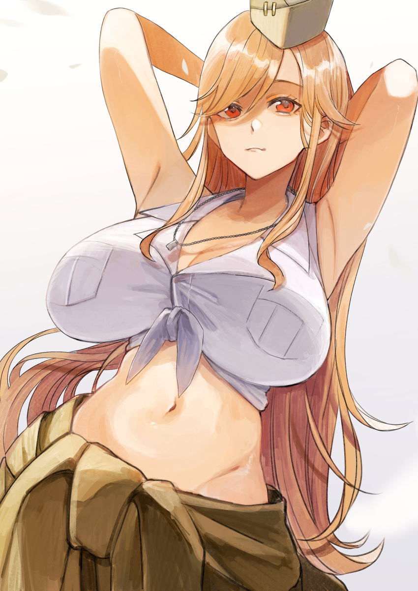1girl aaoshigatoutoi absurdres armpits arms_behind_head bangs blonde_hair breasts cleavage clothes_around_waist collared_shirt dog_tags garrison_cap girls'_frontline hat highres jacket large_breasts long_hair looking_at_viewer m2hb_(girls'_frontline) midriff navel red_eyes shirt simple_background solo tied_shirt white_shirt