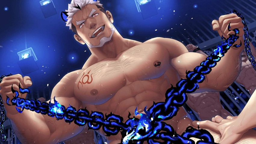 2boys abs alca_(wakatanka4) animal_ears arm_hair bara chain chest_hair chest_tattoo completely_nude facial_hair gyee highres itto_(mentaiko) large_pectorals lion_boy lion_ears male_focus multiple_boys muscular muscular_male nipples nude official_art open_mouth pectorals restrained short_hair smile solo_focus sweat sweatdrop tattoo white_hair yaoi