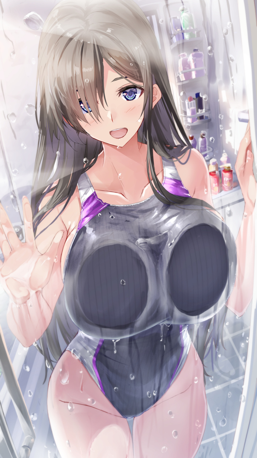 1girl :d against_glass bangs black_one-piece_swimsuit blue_eyes bottle breast_press breasts breasts_on_glass collarbone commentary_request competition_swimsuit condensation cowboy_shot daidou_(demitasse) dripping grey_hair groin hair_over_one_eye hands_up highleg highleg_swimsuit highres indoors large_breasts light_blush long_hair one-piece_swimsuit open_mouth original revision ribbed_swimsuit shower_(place) shower_head sideboob smile soap_bottle solo standing straight_hair swimsuit thigh_gap thighs very_long_hair water_drop wet wet_clothes wet_swimsuit