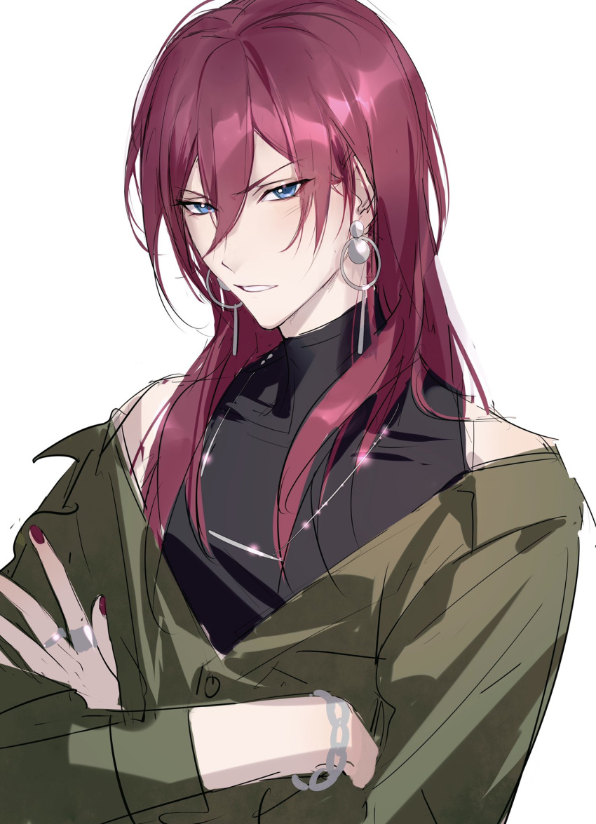 1boy bangs blue_eyes blush bracelet crossed_arms earrings ensemble_stars! hair_between_eyes highres jacket jewelry long_hair long_sleeves looking_at_viewer male_focus necklace open_mouth purple_hair ring rrr_(reason) saegusa_ibara sleeveless sleeveless_turtleneck solo turtleneck upper_body white_background wig