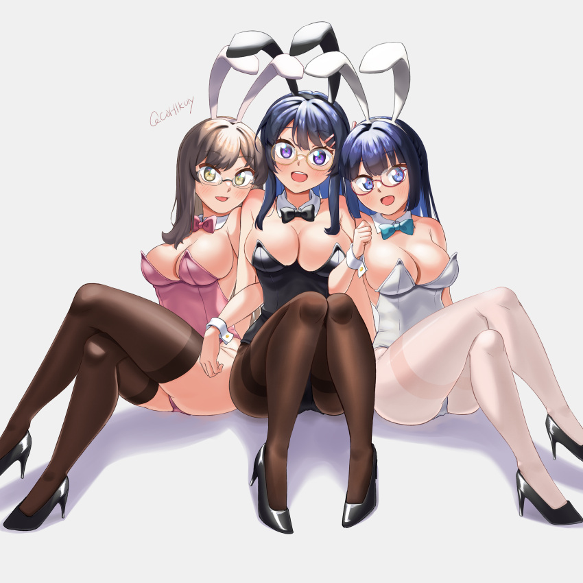 1girl 3girls absurdres animal_ears artist_name bespectacled black_bow black_bowtie black_footwear black_hair black_leotard black_pantyhose black_thighhighs blue_bow blue_bowtie blue_eyes bow bowtie breasts brown_eyes cleavage commission detached_collar futaba_rio glasses grey_background high_heels highres kohikun leotard locked_arms long_hair looking_at_viewer makinohara_shouko medium_breasts multiple_girls pantyhose pink_leotard playboy_bunny purple_eyes rabbit_ears red_bow red_bowtie sakurajima_mai seishun_buta_yarou simple_background sitting smile solo strapless strapless_leotard thighband_pantyhose thighhighs white_leotard white_pantyhose wrist_cuffs yellow_eyes