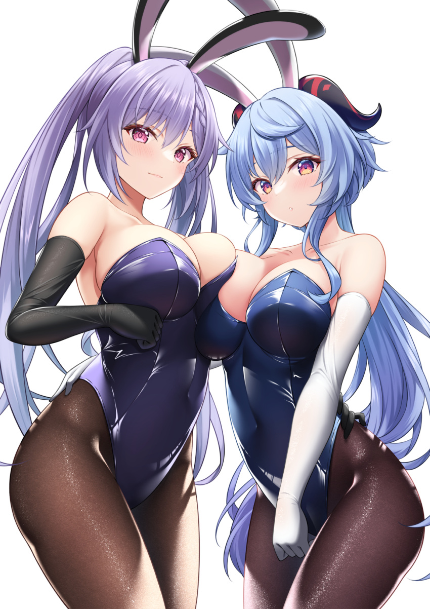 2girls :o akira_(sayo_dayoo) alternate_costume animal_ears asymmetrical_docking bangs bare_shoulders black_gloves black_pantyhose blue_hair blue_leotard breast_press breasts cleavage closed_mouth commentary_request covered_navel cowboy_shot elbow_gloves ganyu_(genshin_impact) genshin_impact gloves goat_horns gradient_eyes hand_on_another's_waist highleg highleg_leotard highres horns keqing_(genshin_impact) large_breasts leotard long_hair looking_at_viewer multicolored_eyes multiple_girls paid_reward_available pantyhose parted_lips playboy_bunny ponytail purple_eyes purple_hair purple_leotard rabbit_ears shiny_clothes sidelocks simple_background smile strapless strapless_leotard thighs twintails white_background white_gloves