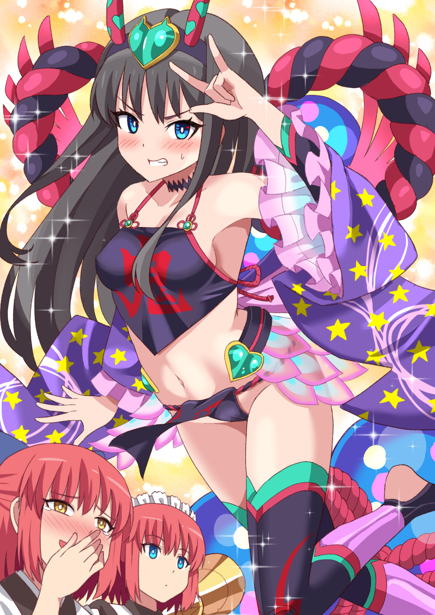 3girls bangs bare_shoulders black_dress black_fundoshi black_hair black_thighhighs blue_eyes breasts chinese_clothes clenched_teeth collarbone commission cosplay detached_sleeves dress dudou fake_horns fate/grand_order fate_(series) forehead_jewel hairband highres hisui_(tsukihime) horns kohaku_(tsukihime) laughing long_hair looking_at_viewer maid_headdress medium_breasts multiple_girls navel oni_horns pink_hair pixiv_commission rope short_hair shuten_douji_(fate) shuten_douji_(halloween_caster)_(fate) shuten_douji_(halloween_caster)_(fate)_(cosplay) siblings sisters smile sparkle teeth thighhighs tohno_akiha tsukihime twins xiafuizui yellow_eyes