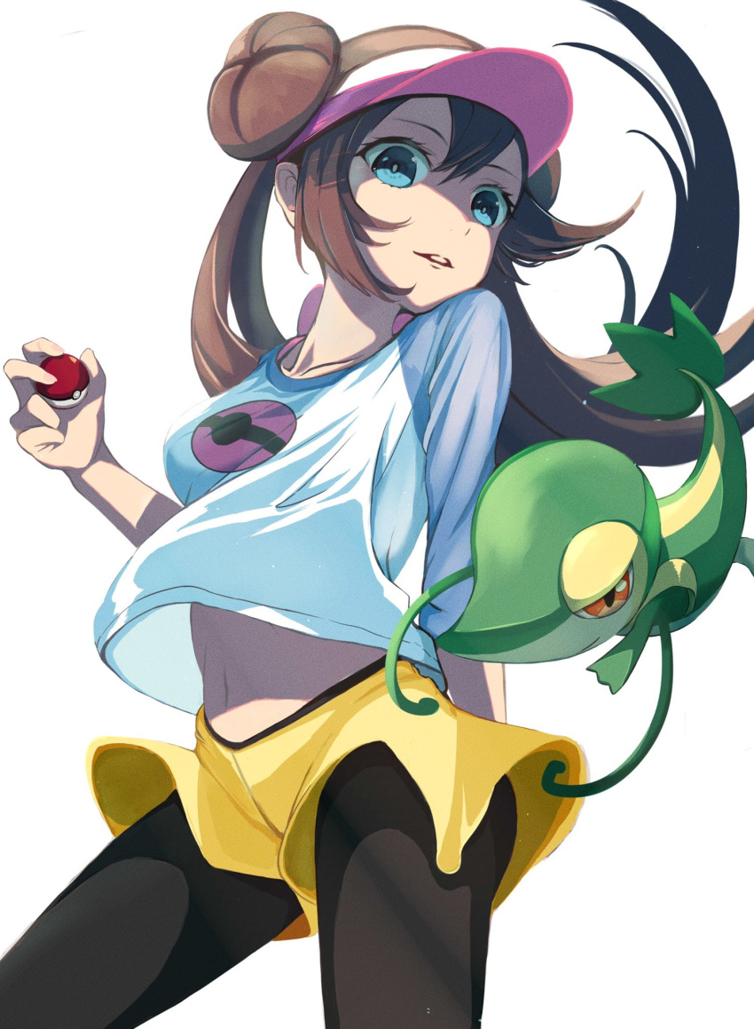 1girl breasts brown_hair commentary_request double_bun doughnut_hair_bun eyelashes hair_bun highres holding holding_poke_ball legwear_under_shorts long_hair pantyhose parted_lips poke_ball poke_ball_(basic) pokemon pokemon_(creature) pokemon_(game) pokemon_bw2 raglan_sleeves roka_(o-yasumi) rosa_(pokemon) shirt short_shorts shorts simple_background snivy twintails visor_cap white_background yellow_shorts