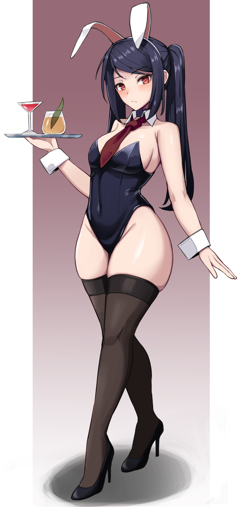 1girl :/ absurdres alternate_costume animal_ears bangs bare_shoulders black_hair black_leotard black_thighhighs breasts closed_mouth cocktail_glass covered_navel cup detached_collar drink drinking_glass full_body groin hairband high_heels highleg highleg_leotard highres holding holding_tray jill_stingray katsuragi_nantoka leotard long_hair looking_at_viewer medium_breasts necktie pillarboxed playboy_bunny rabbit_ears red_eyes red_necktie skindentation solo swept_bangs thighhighs thighs tray twintails va-11_hall-a white_hairband wide_hips wing_collar wrist_cuffs