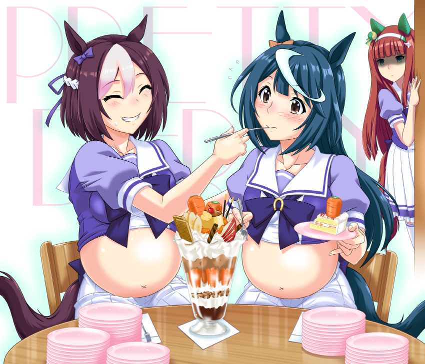 3girls animal_ears bangs big_belly blue_hair blunt_bangs bow bowtie brown_eyes brown_hair cake cake_slice carrot cherry closed_eyes collarbone commentary_request copyright_name dark_blue_hair ear_bow ear_covers eating feeding flying_sweatdrops food fruit grin hair_ornament hair_ribbon hairband highres hime_cut holding holding_spoon horse_ears horse_girl horse_tail horseshoe_ornament jealous long_hair multicolored_hair multiple_girls parfait peeking_out plate plate_stack pleated_skirt pocky puffy_short_sleeves puffy_sleeves purple_bow purple_bowtie purple_ribbon purple_shirt reflection ribbon s1e13_umamusume sailor_collar school_uniform shaded_face shirt short_hair short_sleeves silence_suzuka_(umamusume) sitting skirt smile special_week_(umamusume) spoon streaked_hair striped striped_hairband table tail thighhighs tracen_school_uniform two-tone_hair umajiri_gyuunyuu umamusume wafer wafer_stick whipped_cream white_hair white_hairband white_sailor_collar white_skirt white_thighhighs wooden_chair wooden_table x_navel yellow_bow