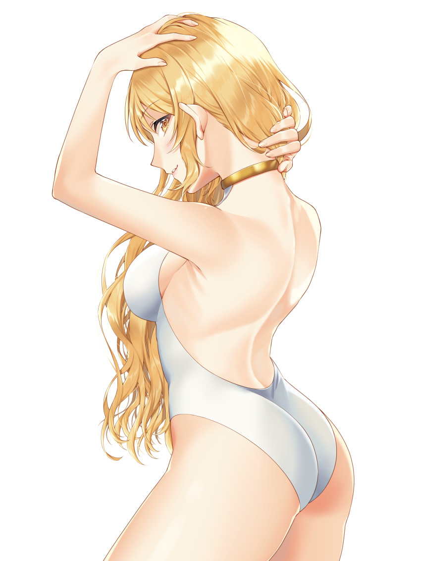 1girl absurdres alternate_costume blonde_hair breasts commission cowboy_shot highres kirisita large_breasts leotard long_hair looking_back open_mouth pixiv_commission simple_background smile solo touhou watatsuki_no_toyohime white_background white_leotard yellow_eyes