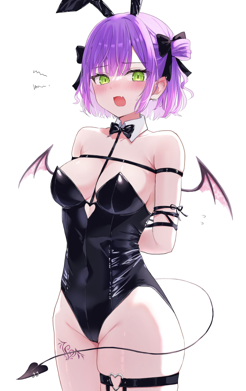 1girl absurdres animal_ears arms_behind_back bangs bare_shoulders black_leotard blush bow bowtie breasts cleavage demon_girl demon_tail demon_wings detached_collar ear_piercing fake_animal_ears fang green_eyes hair_ornament highres hololive leg_tattoo leotard looking_at_viewer medium_breasts mei_am0 open_mouth piercing playboy_bunny purple_hair rabbit_ears restrained short_hair skin_fang solo strapless strapless_leotard tail tattoo thigh_strap tokoyami_towa virtual_youtuber white_background wings