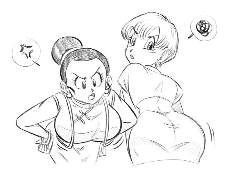 2girls anger_vein ass bent_over bracelet breasts bulma chi-chi_(dragon_ball) commentary dragon_ball dragon_ball_z earrings english_commentary funsexydb graphite_(medium) greyscale hair_bun hands_on_hips highres jewelry large_breasts lips looking_back monochrome multiple_girls open_mouth short_hair single_hair_bun skirt spoken_anger_vein spoken_squiggle squiggle traditional_media