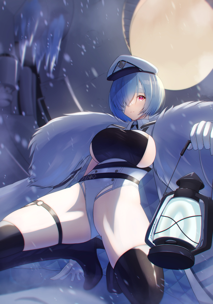 1girl absurdres azur_lane bandage_over_one_eye bangs black_footwear blue_hair boots breasts closed_mouth coat collared_leotard commentary_request cowboy_shot elbow_gloves framed_breasts fur-trimmed_coat fur_trim gloves hair_between_eyes hair_over_one_eye hat highres holding holding_lantern kuybyshev_(azur_lane) lantern large_breasts leotard long_sleeves partial_commentary peaked_cap red_eyes short_hair sideboob sidelocks solo squatting tako-san_wiener_(takosanuma) thigh_boots thighs white_coat white_gloves white_leotard zettai_ryouiki