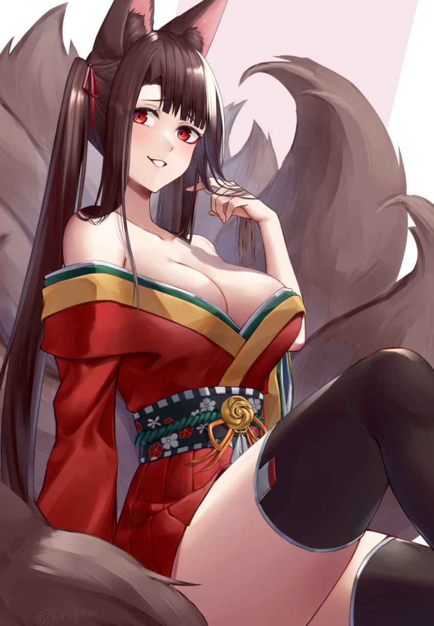 1girl akagi_(azur_lane) alternate_costume alternate_hairstyle animal_ears azur_lane bare_shoulders black_thighhighs breasts brown_hair brown_tail cleavage cosplay fox_ears fox_girl fox_tail hand_in_own_hair highres japanese_clothes kimono kitsune knee_up kyuubi large_breasts long_hair low_neckline multiple_tails off_shoulder pleated_skirt print_kimono red_eyes red_kimono sitting skirt taihou_(azur_lane) taihou_(azur_lane)_(cosplay) tail thighhighs twintails yorugami_rei
