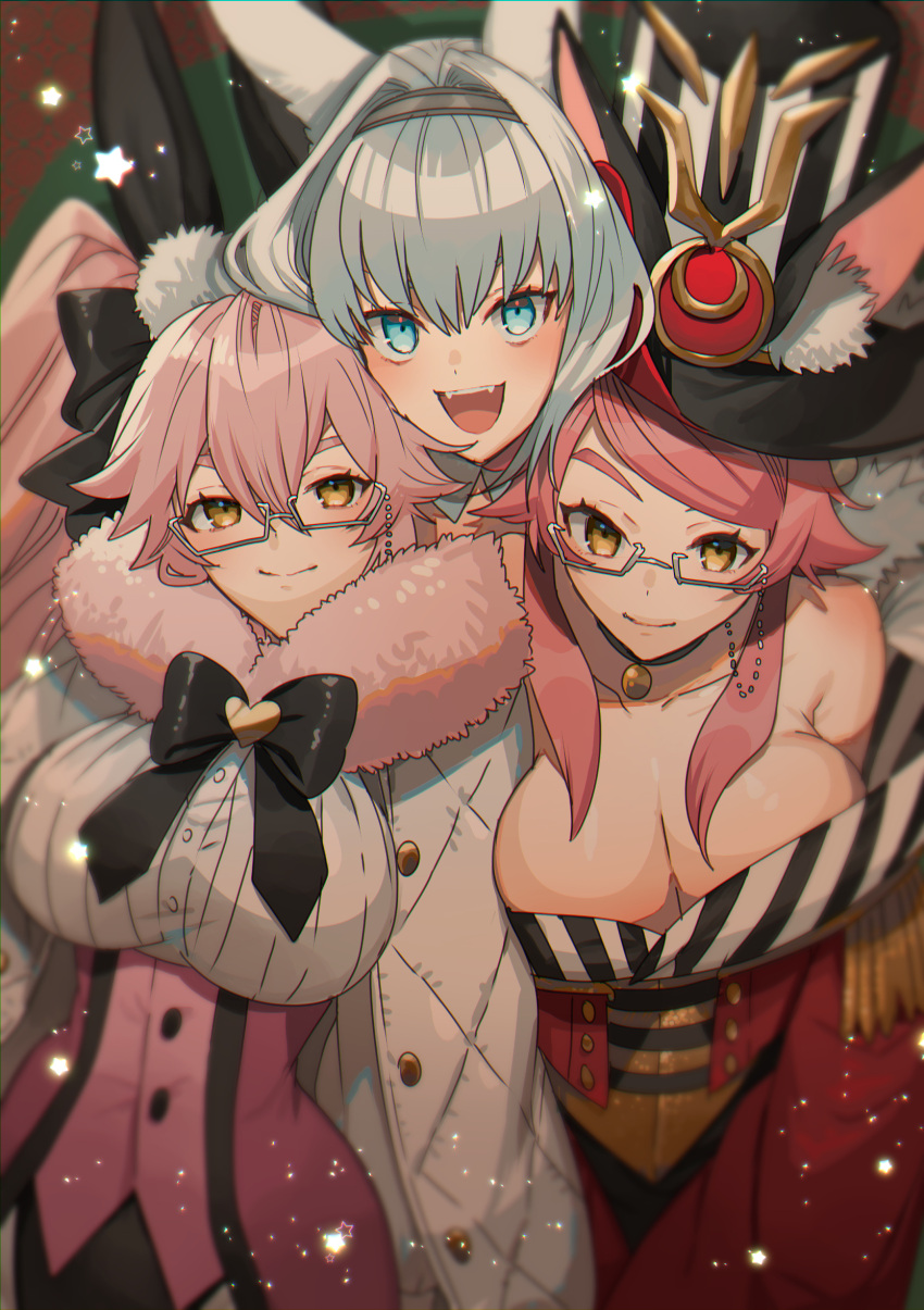 3girls animal_ear_fluff animal_ears bangs black_bow black_bowtie black_headwear blue_eyes blush bow bowtie breasts buttons cape cleavage closed_mouth commentary_request dobrynya_nikitich_(fate) dress dual_persona fangs fate/grand_order fate_(series) fox_girl fur-trimmed_cape fur_trim glasses grey-framed_eyewear grey_hair hair_between_eyes hair_bow hair_intakes hat highres koyanskaya_(assassin)_(second_ascension)_(fate) koyanskaya_(fate) koyanskaya_(foreigner)_(second_ascension)_(fate) large_breasts long_hair looking_at_viewer multiple_girls none_(kameko227) open_mouth pink_hair rabbit_ears red_dress smile swept_bangs tamamo_(fate) top_hat twintails very_long_hair white_cape yellow_eyes