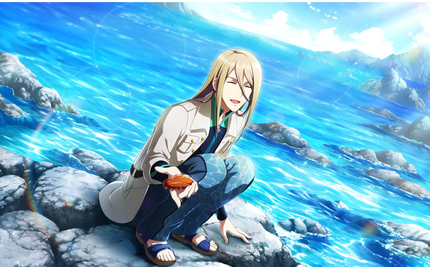 1boy blonde_hair breast_pocket closed_eyes fingernails highres idolmaster idolmaster_side-m idolmaster_side-m_live_on_stage! koron_chris long_hair long_sleeves male_focus ocean official_art open_mouth outdoors pants pocket sandals sea_cucumber shore third-party_source toenails toes