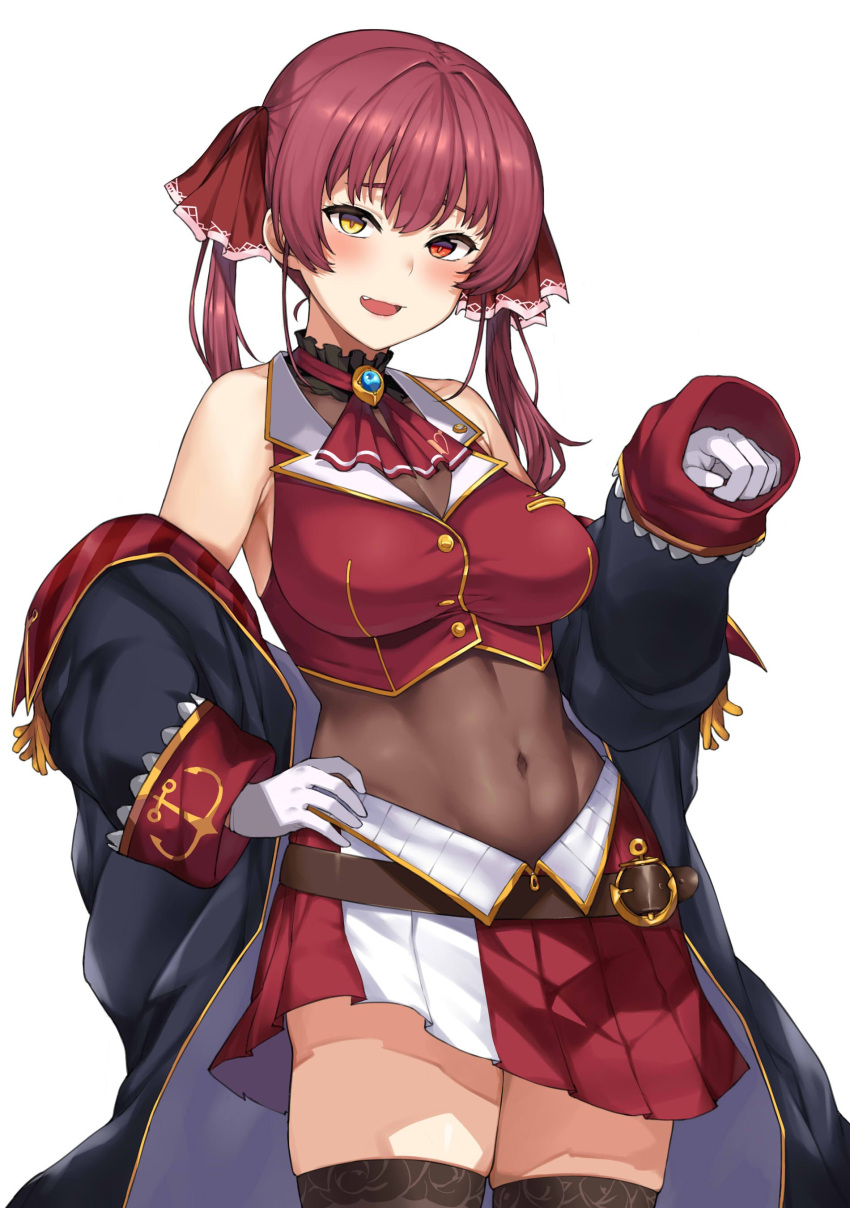 1girl :d absurdres bare_shoulders belt black_thighhighs blonde_hair breasts brown_belt coat commentary_request covered_navel fang gloves hai_ookami hand_on_hip heterochromia highres hololive houshou_marine large_breasts long_hair looking_at_viewer navel no_headwear off_shoulder open_mouth pleated_skirt purple_hair red_eyes red_hair see-through simple_background skirt sleeveless smile solo thighhighs twintails virtual_youtuber white_background white_gloves zettai_ryouiki