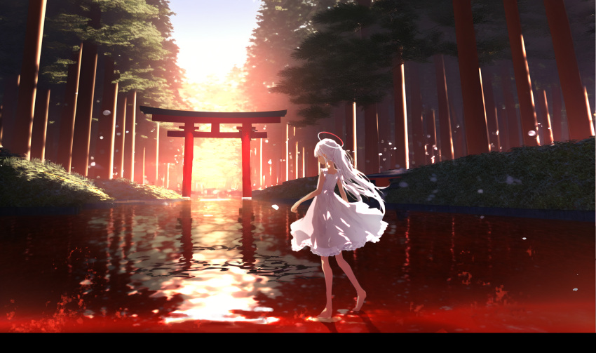 1girl barefoot commission day dress forest from_behind halo highres letterboxed long_hair nature nido_(sebamaster) original outdoors ponytail red_eyes scenery shirt sleeveless sleeveless_dress solo sundress sunlight torii walking walking_on_liquid water white_dress white_shirt