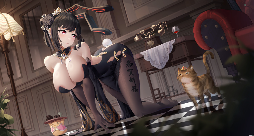 1girl absurdres all_fours anal anal_object_insertion anal_tail animal_ears antique_telephone areola_slip ass ass_cutout azur_lane black_dress black_flower black_hair black_rose bodystocking breasts brown_gloves butt_plug cat chair checkered_floor chen_hai_(azur_lane) chen_hai_(vestibule_of_wonders)_(azur_lane) china_dress chinese_clothes clothing_cutout corded_phone dress elbow_gloves fake_animal_ears fake_tail flower gloves highres holding holding_tray indoors jfzm001 lace-trimmed_gloves lace_trim lamppost large_breasts manjuu_(azur_lane) object_insertion official_alternate_costume pelvic_curtain phone rabbit_ears rabbit_tail red_eyes reflective_floor rose rotary_phone sex_toy tail taut_clothes taut_dress tight tight_dress tray