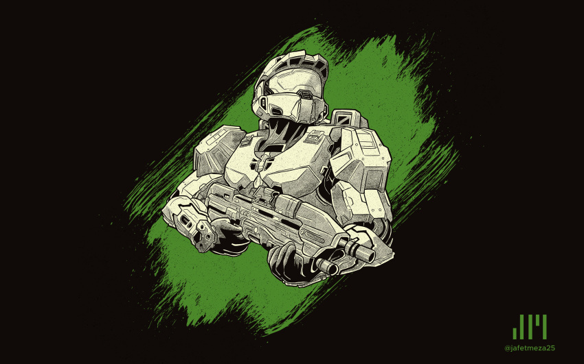 1boy armor commentary cropped_torso english_commentary greyscale gun halo_(series) helmet highres holding holding_gun holding_weapon instagram_username jafet_meza male_focus master_chief monochrome solo spot_color upper_body watermark weapon
