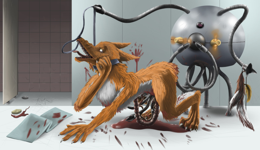 agony anthro blood bodily_fluids canid canine deriviera duo dying female fox fur gore hi_res imminent_death killing machine mammal mutilation organs pain robot screaming shower shower_room soap_bar tears washcloth wet wet_body wet_fur