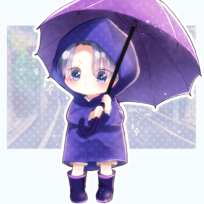 1boy asagi_nanase blue_eyes blue_hair boots chibi highres kirisaki_shidou long_sleeves male_child male_focus milgram mole mole_under_eye purple_footwear purple_raincoat raincoat rubber_boots short_hair solo umbrella