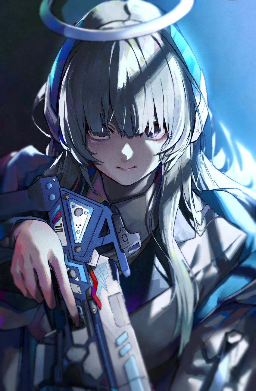 1girl 3: absurdres bangs black_cola blue_archive blurry grey_hair gun halo hand_up headphones highres holding holding_gun holding_weapon jacket long_hair looking_at_viewer mechanical_halo noa_(blue_archive) purple_eyes serious shade shaded_face solo trigger_discipline weapon white_jacket window_shade