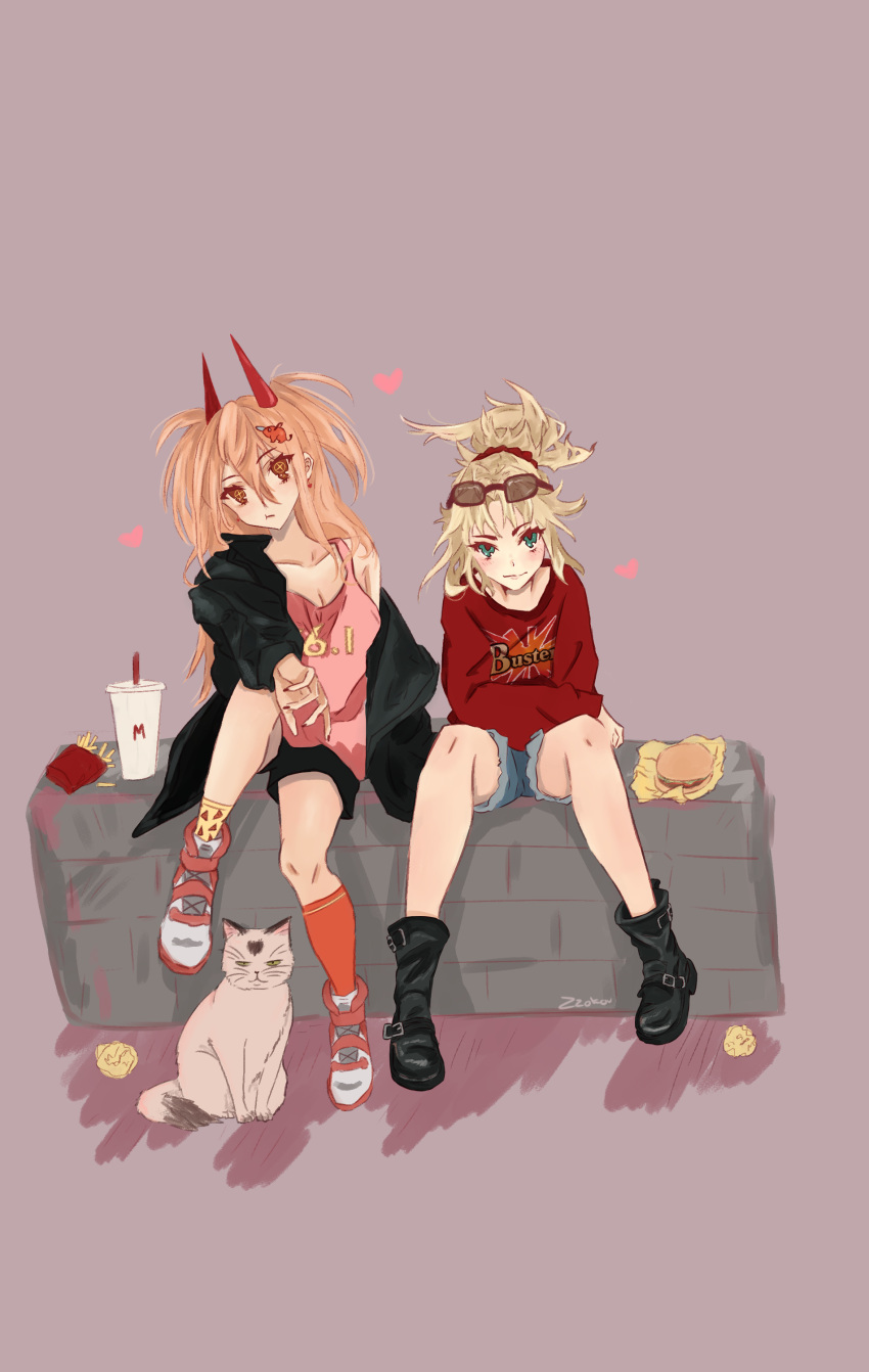 2girls absurdres blonde_hair braid burger cat chainsaw_man crossover fate_(series) food green_eyes hair_between_eyes highres horns long_hair looking_at_viewer mcdonald's meowy_(chainsaw_man) mordred_(fate) mordred_(fate/apocrypha) mordred_(fate/stay_night) multiple_girls pochita_(chainsaw_man) ponytail power_(chainsaw_man) red_horns ringed_eyes symbol-shaped_pupils zzokou