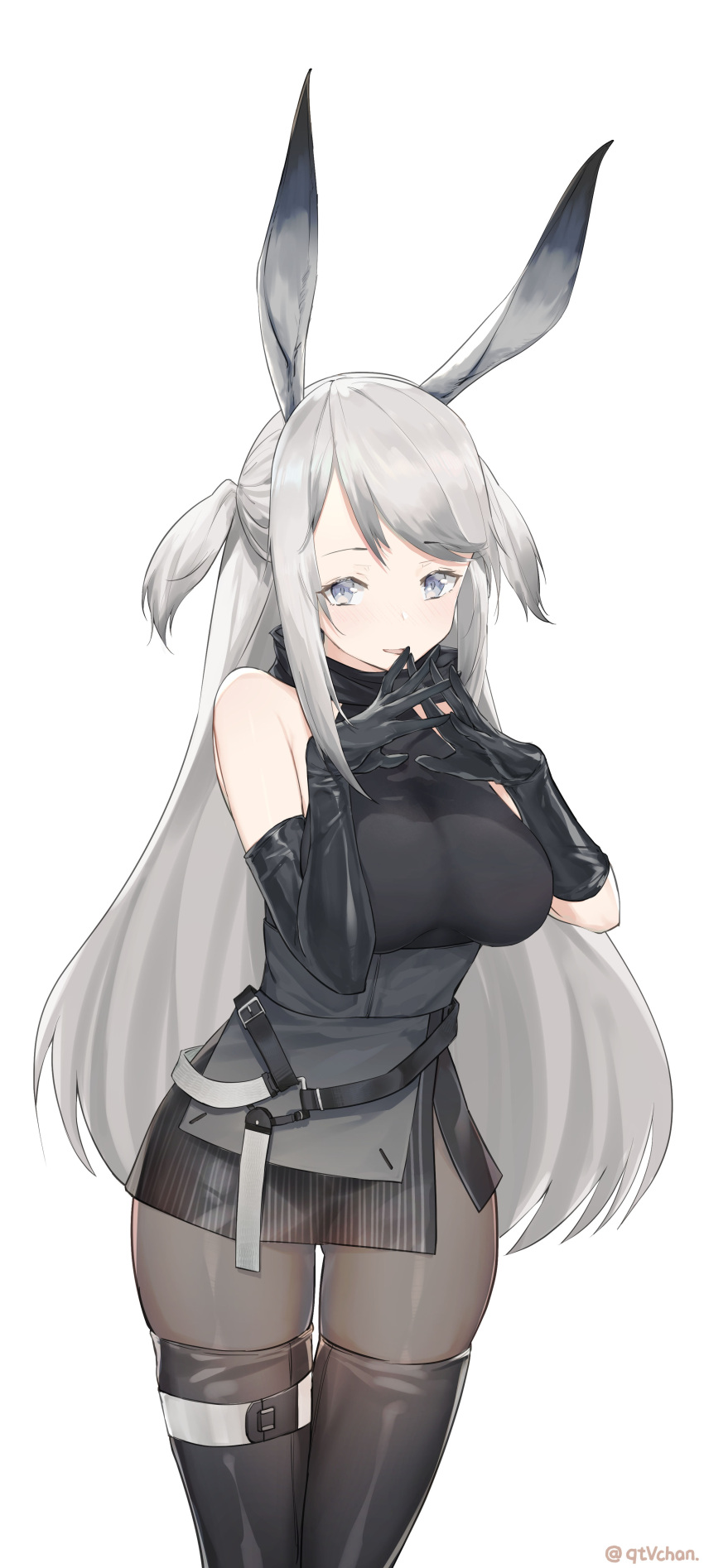 1girl absurdres animal_ears arknights asymmetrical_gloves bare_shoulders black_dress black_gloves black_pantyhose boots cowboy_shot dress elbow_gloves gloves grey_eyes grey_hair highres long_hair looking_at_viewer own_hands_together pantyhose parted_lips rabbit_ears savage_(arknights) side_slit simple_background skindentation sleeveless sleeveless_dress smile solo thigh_boots thigh_gap twitter_username two_side_up vchan very_long_hair white_background