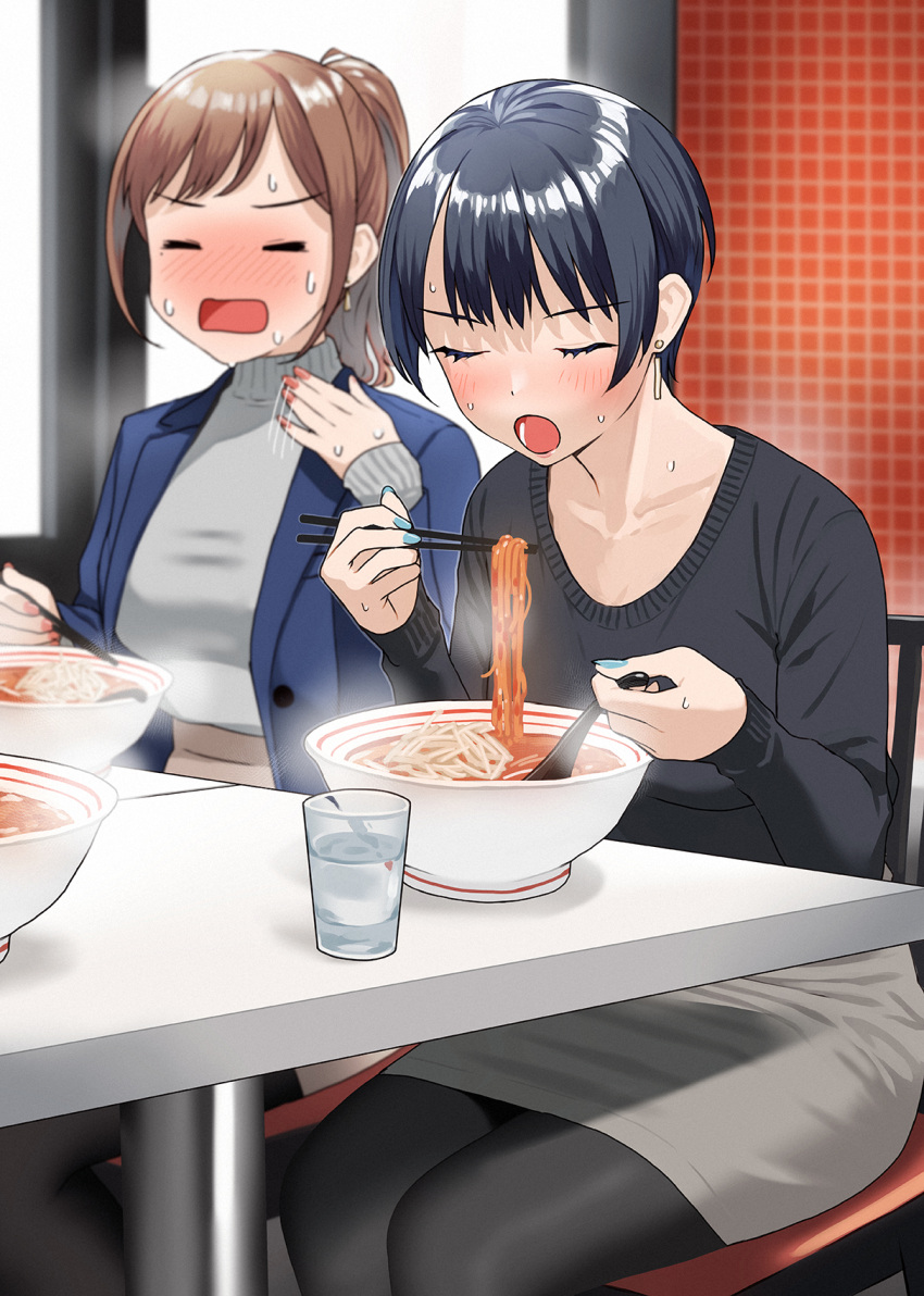 2girls :o bangs black_hair black_pantyhose black_sweater blazer blue_jacket blue_nails blush booth_seating brown_hair chopsticks closed_eyes collarbone doushimasho earrings eating fanning_face fanning_self food grey_skirt highres holding holding_chopsticks jacket jewelry multiple_girls nail_polish noodles office_lady open_clothes open_jacket open_mouth original pantyhose pencil_skirt ponytail ramen rectangular_mouth red_nails restaurant sidelocks sitting skirt sweat sweater table turtleneck white_sweater