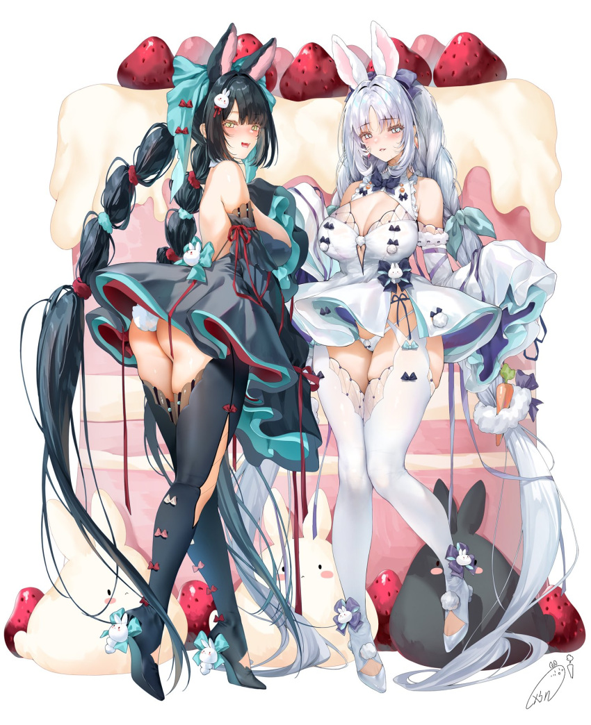 2girls animal_ears ass bangs bare_shoulders black_thighhighs blush braid breasts cake carrot cleavage commentary_request detached_sleeves dress food fruit full_body green_dress grey_eyes grey_hair highres large_breasts long_hair long_sleeves looking_at_viewer multiple_girls obiwan original panties parted_bangs parted_lips rabbit_ears rabbit_girl rabbit_tail signature sleeves_past_fingers sleeves_past_wrists smile standing strawberry tail thighhighs thighs twin_braids twintails underwear weisuoxin white_dress white_panties white_thighhighs