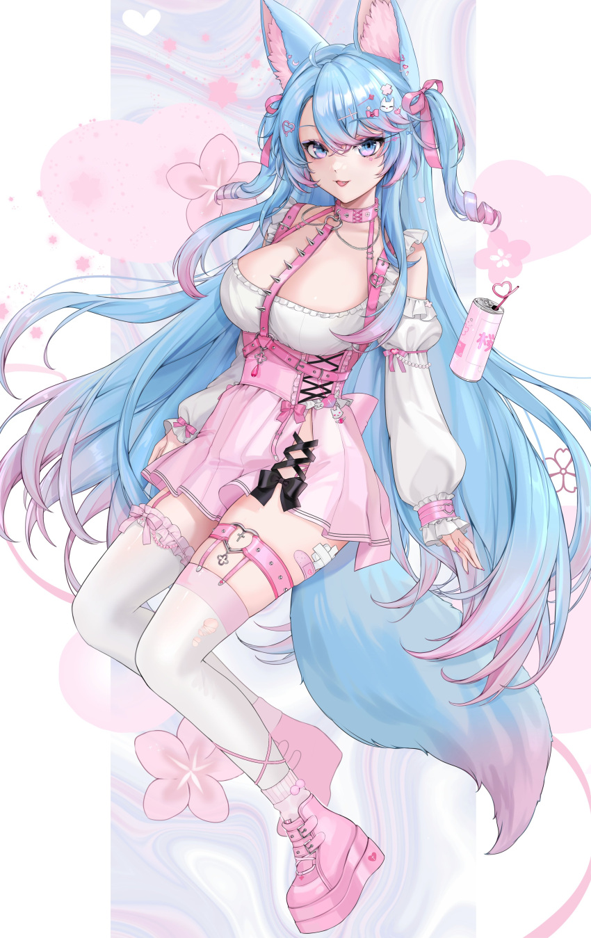 1girl absurdres ahoge animal_ear_fluff animal_ears bandaid bandaid_on_thigh blue_eyes blue_hair blue_tail breasts can cleavage collar detached_sleeves dress fang garter_straps hair_ornament hair_ribbon heart heart_hair_ornament highres large_breasts long_hair looking_at_viewer multicolored_hair multicolored_tail open_mouth pink_bandaid pink_collar pink_footwear pink_garter_straps pink_hair pink_ribbon pink_skirt pink_tail ribbon saga666 second-party_source shoes silvervale skirt soda_can streaked_hair tail thigh_strap thighhighs virtual_youtuber vshojo white_dress white_sleeves white_thighhighs wolf_ears wolf_girl wolf_tail
