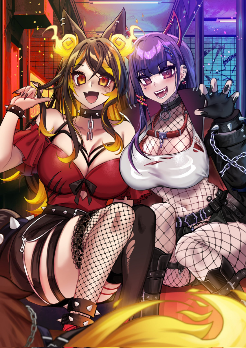 2girls akuma_nihmune animal_ears anklet black_bracelet black_collar black_footwear black_jacket black_nails black_skirt black_thighhighs bodysuit boots bra bracelet breasts brown_hair chain claw_pose cleavage collar crop_top cropped_shirt demon_girl demon_horns facial_tattoo fang fangs fishnet_bodysuit fishnet_thighhighs fishnets flame-tipped_tail halterneck heart heart_print heart_tattoo highres horns indie_virtual_youtuber jacket jewelry large_breasts long_hair looking_at_viewer multiple_girls nail_polish open_mouth orange_eyes osiimi purple_eyes purple_hair red_bra red_collar red_shirt second-party_source shirt sinder_(vtuber) skin_fang skirt spiked_anklet spiked_bracelet spiked_collar spikes tail tattoo thighhighs torn_clothes torn_shirt torn_thighhighs unbuttoned unbuttoned_skirt underwear virtual_youtuber white_shirt wolf_ears wolf_girl wolf_tail zipper