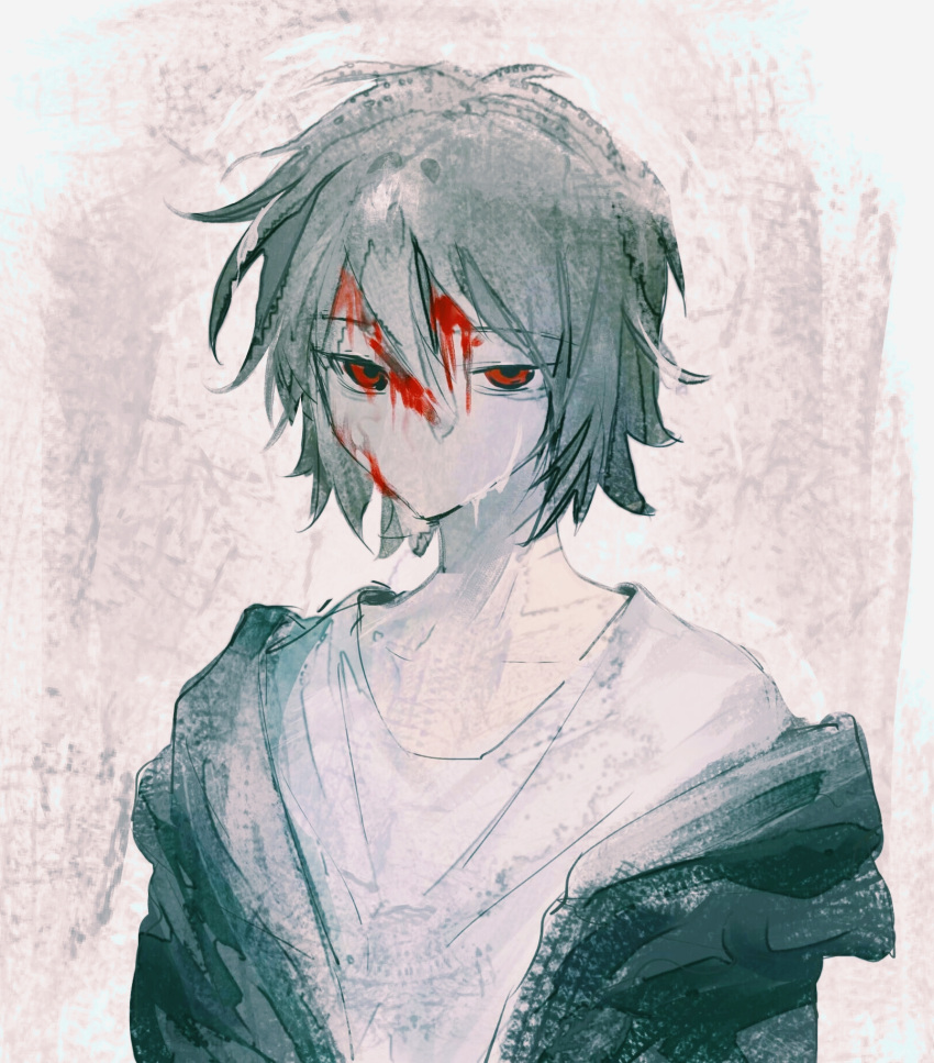 1boy black_hair black_jacket bleeding bleeding_from_forehead blood chinese_commentary commentary_request crying crying_with_eyes_open danxunmo highres isoi_haruki jacket male_focus no_mouth open_clothes open_jacket red_eyes saibou_shinkyoku shirt short_hair solo tears upper_body white_background white_shirt