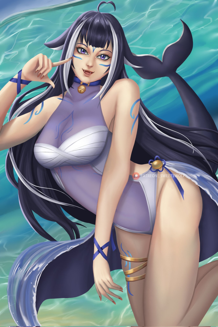 1girl ahoge animal_ears belt_collar black_hair blue_collar body_markings breasts cetacean_tail cleavage collar fangs fish_tail heart heart_ahoge highres indie_virtual_youtuber large_breasts long_hair looking_at_viewer multicolored_hair nail_polish one-piece_swimsuit open_mouth orca_girl paid_reward_available purple_eyes red_nails see-through see-through_swimsuit shylily streaked_hair sweet3wolf swimsuit tail thigh_strap virtual_youtuber water white_hair white_one-piece_swimsuit