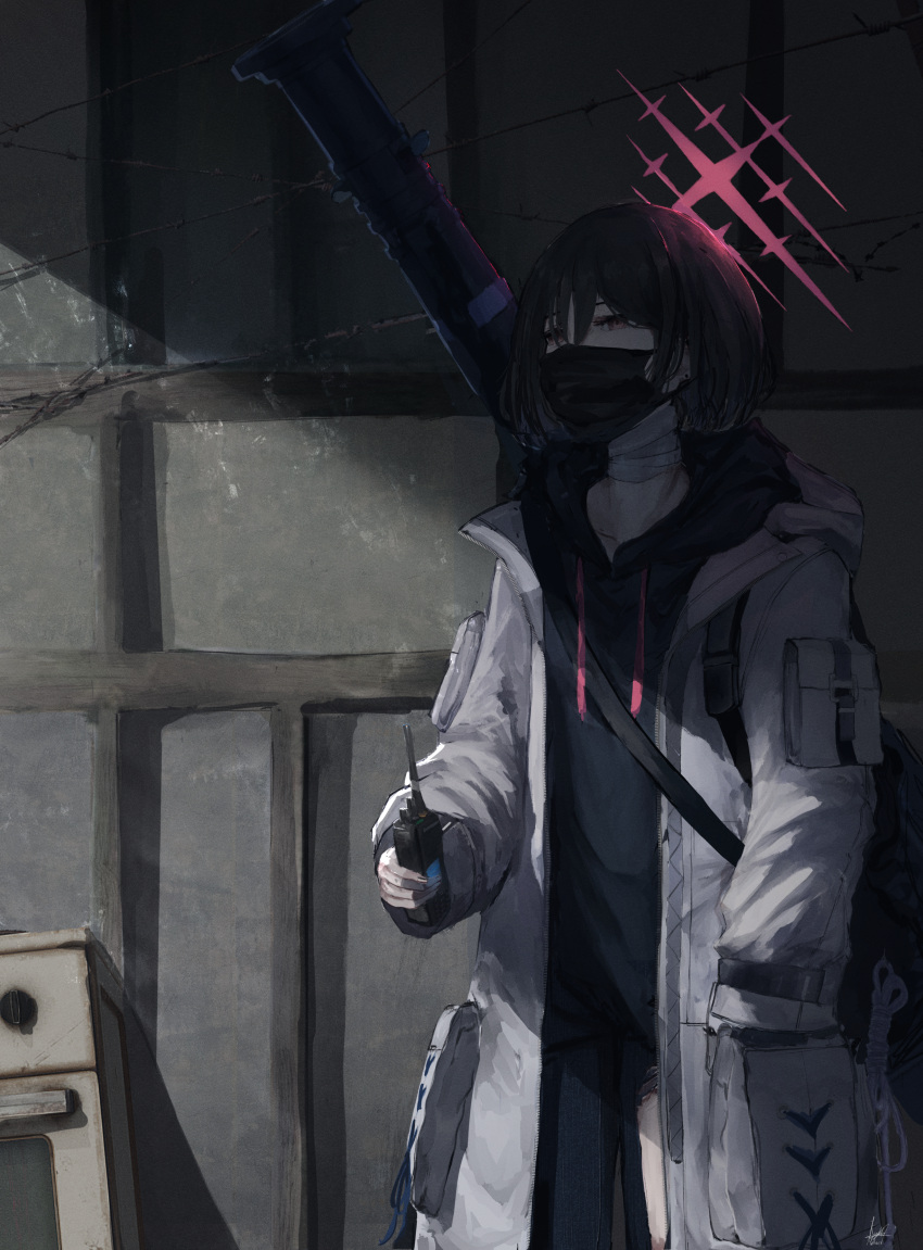 1girl absurdres bandaged_neck bandages black_hair black_hoodie black_mask black_pants blue_archive earrings halo highres holding_walkie-talkie hood hooded_jacket hoodie jacket jewelry kyatto-mikazu mask misaki_(blue_archive) mouth_mask pants red_eyes short_hair solo stud_earrings surgical_mask torn_clothes torn_pants walkie-talkie white_jacket