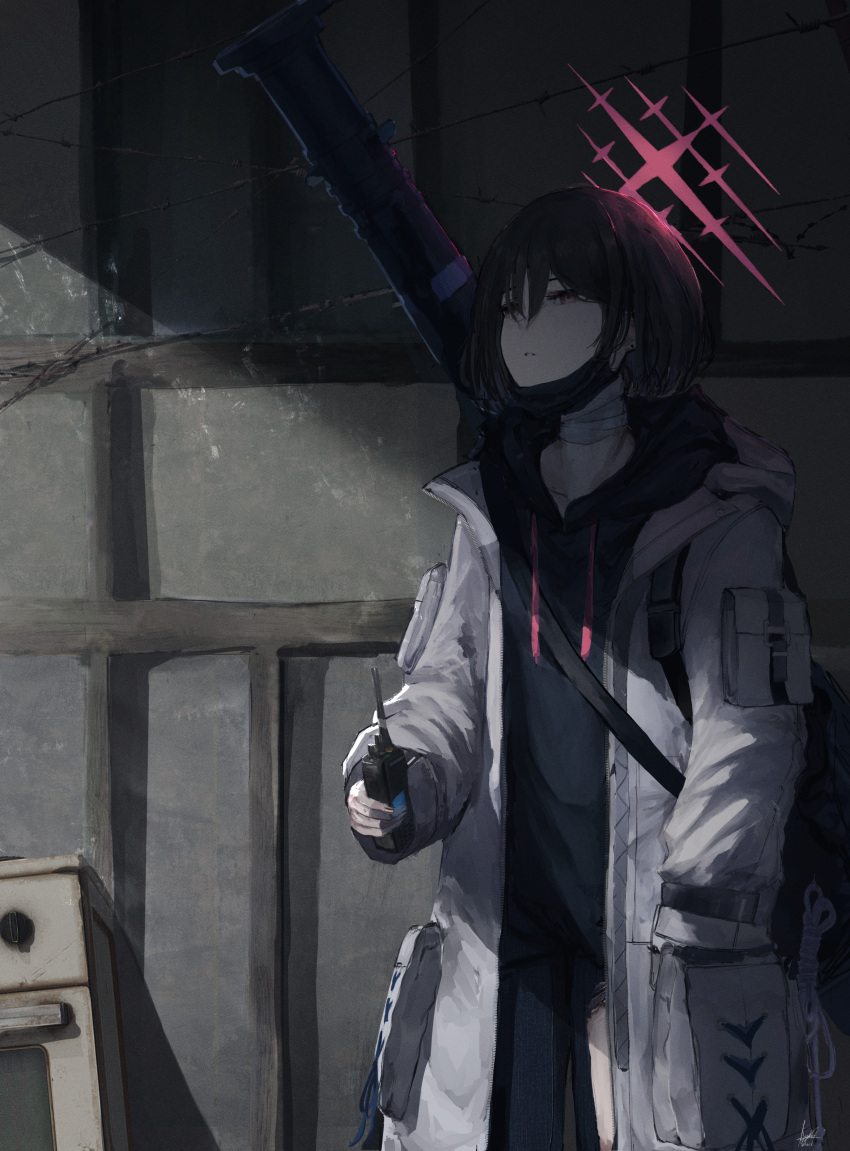 1girl absurdres bandaged_neck bandages black_hair black_hoodie black_mask black_pants blue_archive closed_mouth earrings halo highres holding_walkie-talkie hood hooded_jacket hoodie jacket jewelry kyatto-mikazu mask misaki_(blue_archive) mouth_mask pants red_eyes short_hair solo stud_earrings surgical_mask torn_clothes torn_pants walkie-talkie white_jacket