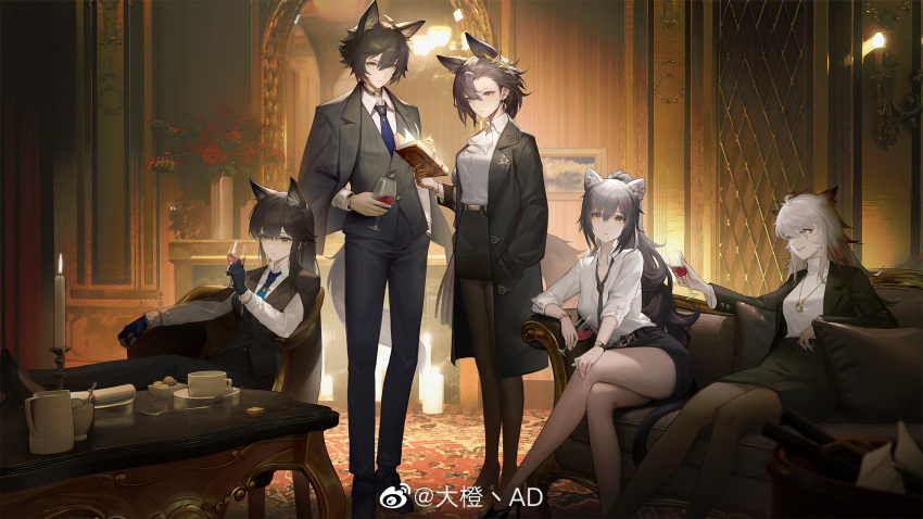 1boy 4girls alcohol animal_ear_fluff animal_ears arknights bangs black_hair black_necktie black_pantyhose blue_necktie book brown_hair business_suit candle candlestand cat_ears cat_girl cat_tail closed_mouth cup dacheng_ad drinking_glass earrings extra_ears fingerless_gloves flower fork formal gloves hair_between_eyes high_heels highres holding holding_book holding_cup jacket jacket_on_shoulders jewelry lapels lappland_(arknights) long_hair loose_necktie multiple_girls necklace necktie official_alternate_costume pant_suit pants pantyhose parted_lips penance_(arknights) ponytail schwarz_(arknights) shirt short_hair sidelocks skirt skirt_suit suit suit_jacket swept_bangs tail teacup texas_(arknights) texas_the_omertosa_(arknights) vigil_(arknights) waistcoat watch watermark weibo_logo weibo_username white_hair white_shirt wine wine_glass wolf_boy wolf_ears wolf_girl wolf_tail wristwatch yellow_eyes