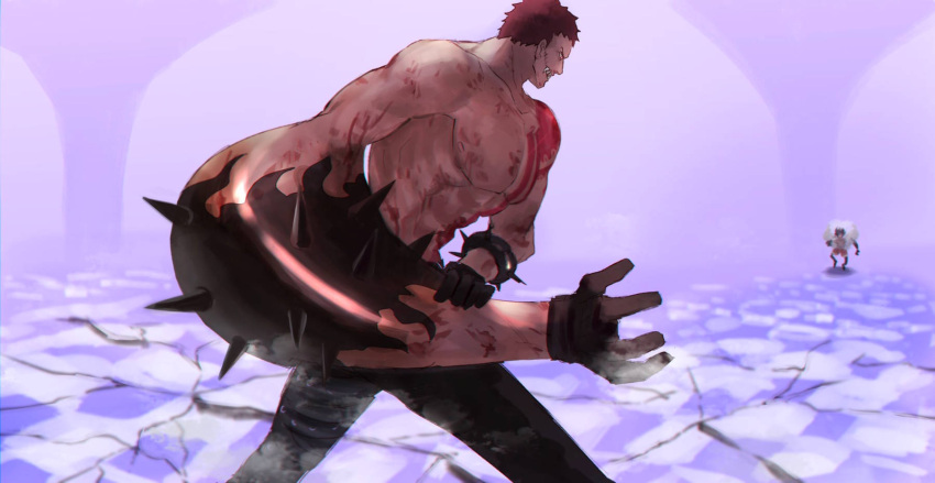 2boys abs arm_tattoo black_pants bruise charlotte_katakuri chest_tattoo duel feet_out_of_frame from_side highres injury large_pectorals looking_at_another male_focus monkey_d._luffy multiple_boys muscular muscular_male one_piece pants pectorals pink_hair sasamiman short_hair solo_focus spikes standing stitches tattoo topless_male