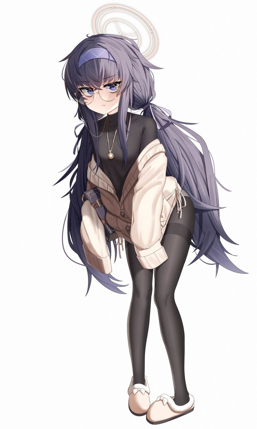 1girl absurdres amulet bags_under_eyes bangs black_hair black_pantyhose black_shirt blue_archive blush book breasts cardigan closed_mouth di_le_to eyewear_strap full_body glasses hairband halo highres holding holding_book long_hair long_sleeves looking_at_viewer low_twintails off_shoulder panties panties_under_pantyhose pantyhose pout round_eyewear shadow shirt slippers small_breasts solo standing sweater thighband_pantyhose turtleneck twintails ui_(blue_archive) underwear