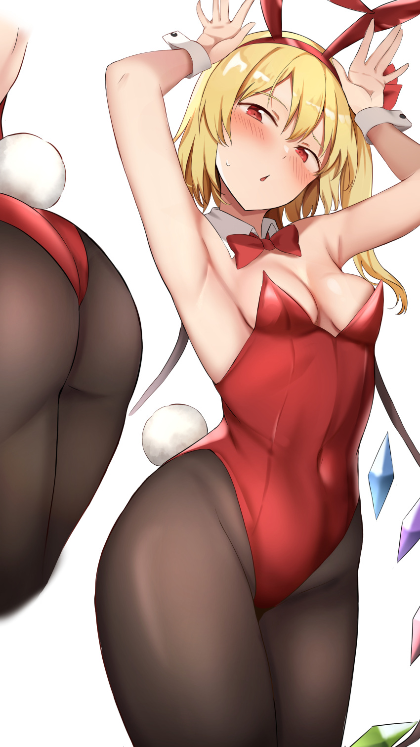 1girl absurdres animal_ears armpits ass bangs black_pantyhose blonde_hair blush bow bowtie breasts bunny_pose cleavage cowboy_shot crystal detached_collar flandre_scarlet groin highres leotard medium_breasts medium_hair multiple_views nagomian open_mouth pantyhose rabbit_ears rabbit_tail red_bow red_bowtie red_eyes red_leotard simple_background standing sweatdrop tail touhou white_background wings wrist_cuffs