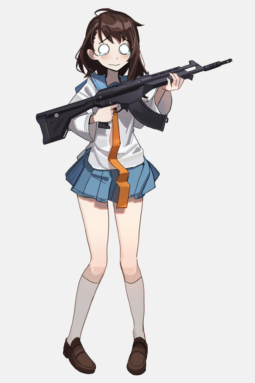 1girl bangs blue_sailor_collar blush brown_footwear brown_hair closed_mouth commission eximmetry full_body gun highres holding holding_gun holding_weapon long_sleeves medium_hair miniskirt necktie nisekoi onodera_kosaki orange_necktie pleated_skirt sailor_collar shirt shoes skirt solo tearing_up weapon white_shirt