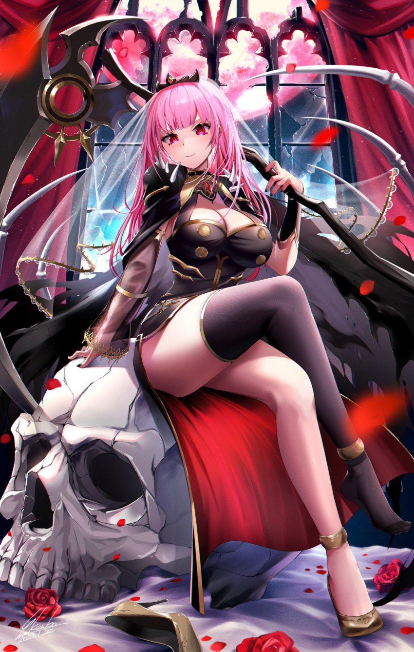 1girl absurdres black_cape black_dress black_nails black_sleeves black_thighhighs breasts cape cleavage cleavage_cutout clothing_cutout detached_sleeves dress flower gold_footwear high_heels highres holding holding_scythe holding_weapon hololive hololive_english kenko_(a143016) large_breasts long_hair looking_at_viewer mori_calliope nail_polish petals pink_hair red_eyes red_flower scythe see-through see-through_sleeves shoe_removed single_thighhigh smile spiked_cape thighhighs tiara veil virtual_youtuber weapon