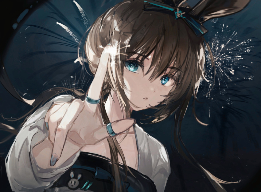 1girl ambience_synesthesia amiya_(arknights) animal_ears arknights bangs black_ribbon blue_eyes blue_nails brown_hair fingernails hair_ribbon highres index_finger_raised jewelry long_fingernails long_hair looking_at_viewer multiple_rings nail_polish official_alternate_costume parted_lips qianzhu rabbit_ears ribbon ring solo upper_body