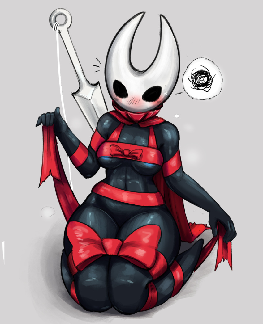 2023 animal_humanoid arthropod arthropod_humanoid black_body blush bow_ribbon breasts empty_eyes fecharis female front_view full-length_portrait gift_wrapped hi_res hollow_knight hornet_(hollow_knight) humanoid kneeling portrait ribbons solo team_cherry zelles