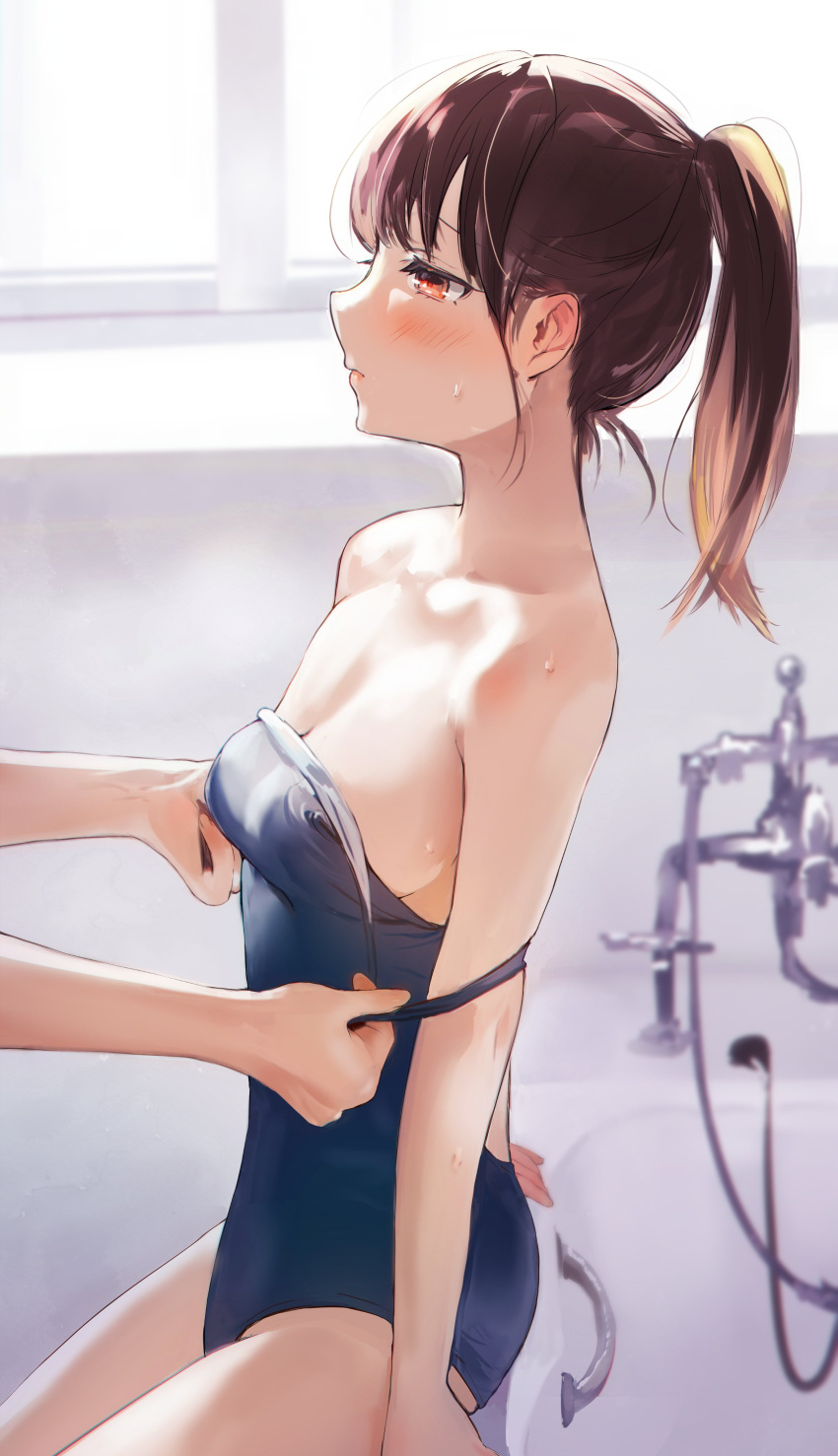 1girl 1other absurdres arm_support backless_swimsuit bare_shoulders bathroom bathtub blue_one-piece_swimsuit blush breasts brown_hair cleavage clothes_pull collarbone ear_blush embarrassed highres looking_away nape off_shoulder one-piece_swimsuit one-piece_swimsuit_pull original ponytail profile pulled_by_another revision sideboob sitting small_breasts solo_focus strap_pull sweatdrop swimsuit tomozero undressing window
