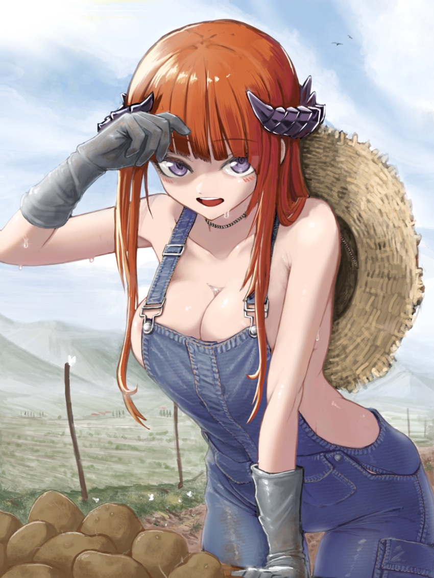 1girl :d alternate_costume areola_slip arknights arm_up bagpipe_(arknights) bangs bare_shoulders blue_sky breasts choker cleavage cloud collarbone commentary cowboy_shot day gloves grey_gloves highres horns large_breasts long_hair looking_at_viewer mildt naked_overalls open_mouth orange_hair outdoors overalls potato purple_eyes sky smile solo standing sweat very_long_hair