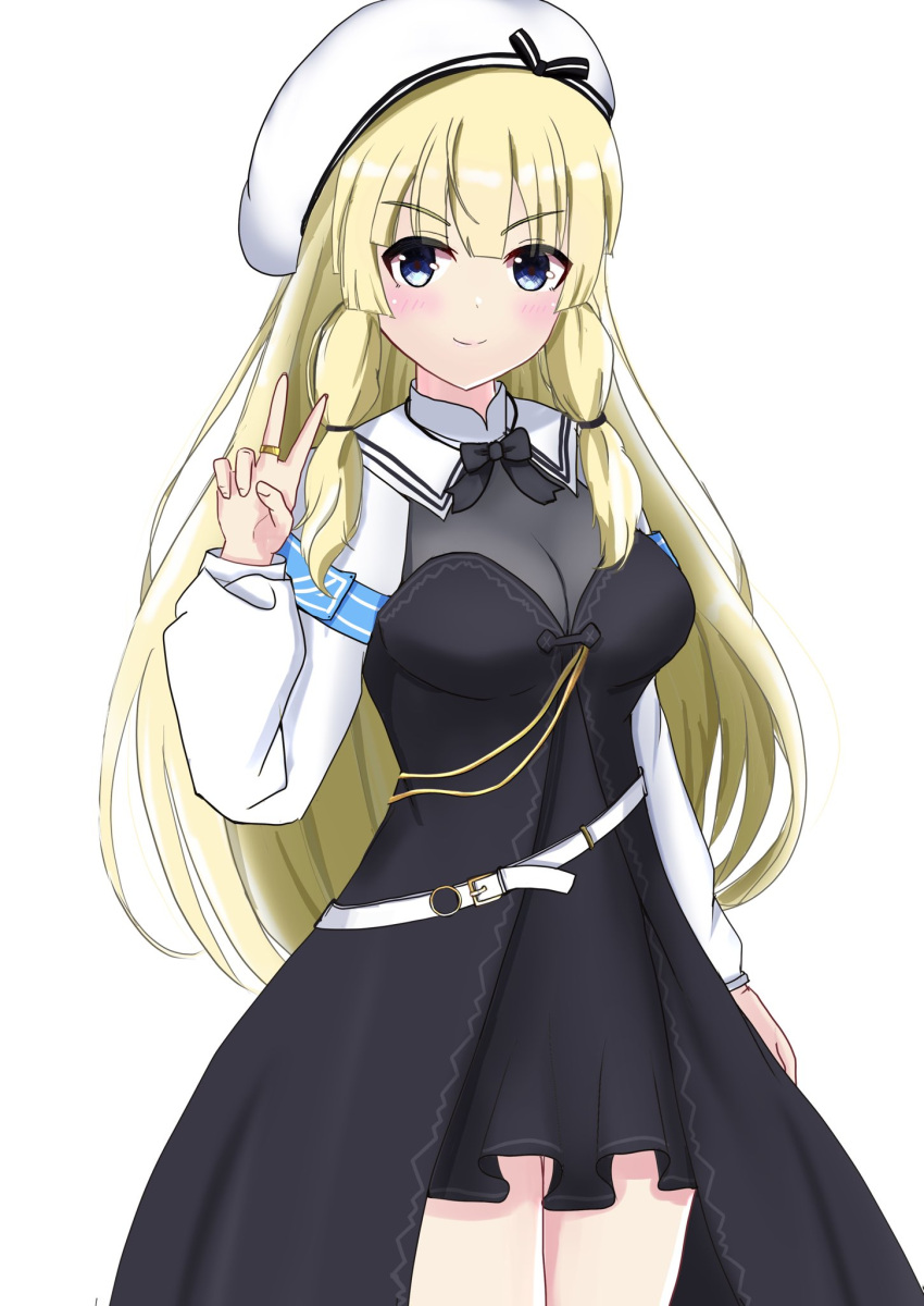 &gt;:) 1girl arm_at_side armband assault_lily bangs belt belt_buckle beret black_bow black_bowtie black_dress black_ribbon blonde_hair blue_eyes blunt_bangs blush bow bowtie breasts buckle cleavage closed_mouth commentary cowboy_shot dress ekakisyun hair_tie hand_up hat hat_ribbon highres jewelry large_breasts layered_dress long_hair long_sleeves looking_at_viewer o-ring o-ring_belt ribbon ring shrug_(clothing) sidelocks simple_background smile solo standing striped striped_ribbon tachihara_sayu v v-shaped_eyebrows very_long_hair white_background white_belt white_headwear