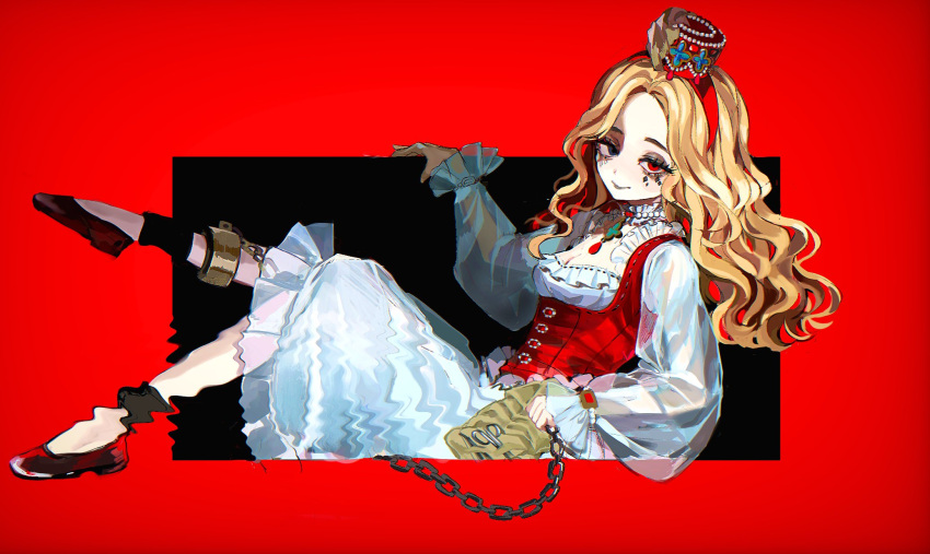 1girl ada_mesmer ankle_cuffs bangs black_background blonde_hair blue_eyes breasts bustier chain cleavage collar cuffs dress facial_mark flats frilled_collar frills full_body hairband hat heterochromia highres hoge_(n8sss) holding holding_chain identity_v long_hair long_sleeves looking_at_viewer mini_hat parted_bangs puffy_long_sleeves puffy_sleeves reclining red_background red_eyes red_footwear red_hairband red_headwear scissors see-through see-through_sleeves smile solo two-tone_background wavy_hair white_dress
