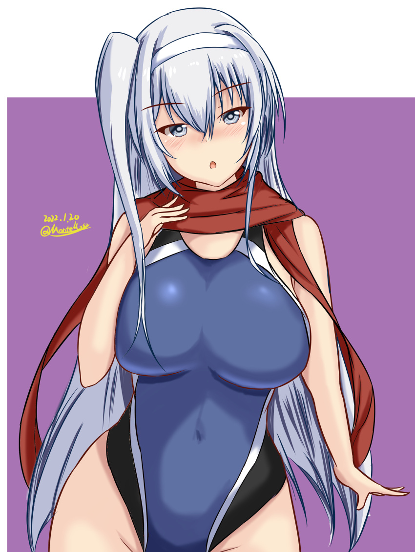 1girl :o alternate_costume blue_one-piece_swimsuit blush competition_swimsuit dated fuyutsuki_(kancolle) highleg highleg_swimsuit highres impossible_clothes impossible_swimsuit kantai_collection montemasa one-hour_drawing_challenge one-piece_swimsuit solo swimsuit twitter_username two-tone_swimsuit