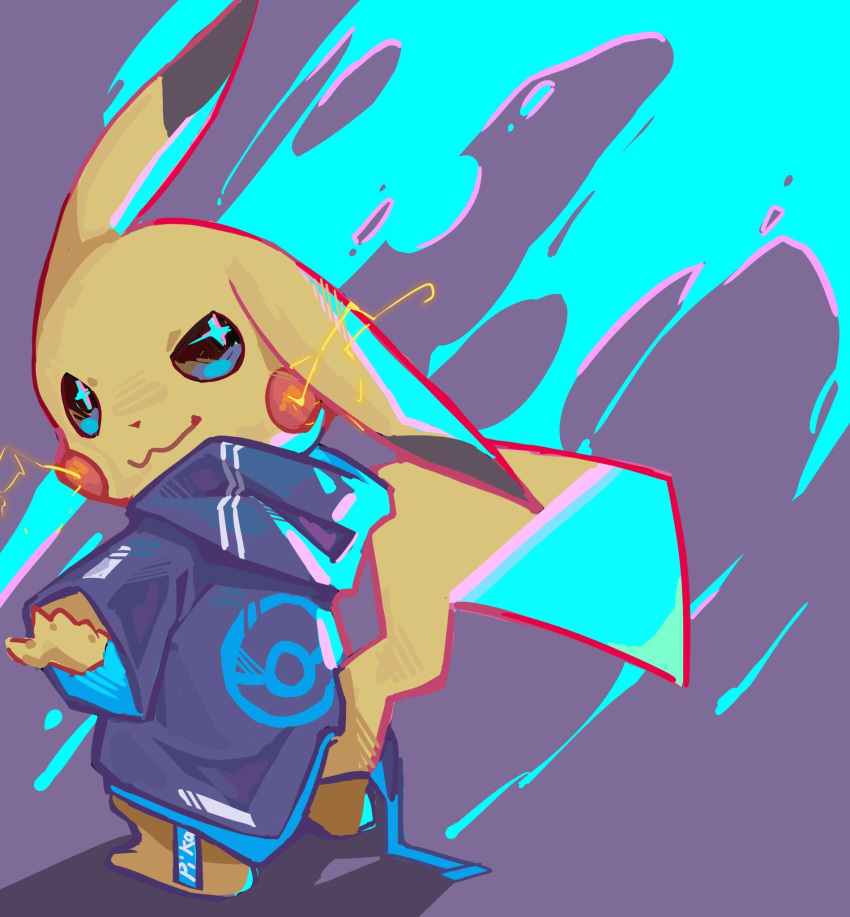 abstract_background ambiguous_gender beady_eyes black_ears blue_clothing blue_ears blue_hoodie blue_tail blue_topwear clothed clothing dipstick_ears emolga_1 facial_markings full-length_portrait generation_1_pokemon glistening glistening_eyes grey_clothing grey_hoodie grey_topwear head_markings hi_res hoodie looking_at_viewer markings mouth_closed multicolored_ears nintendo pikachu pokemon pokemon_(species) portrait solo tail three-quarter_view topwear unsigned yellow_body yellow_ears